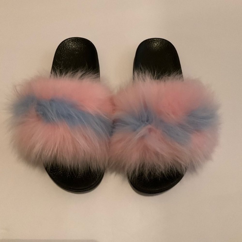Blue & Pink Vegan Fur Slides
